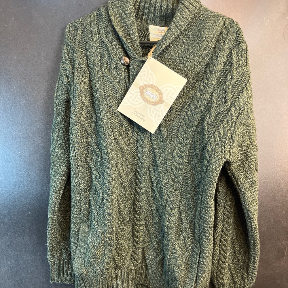 Handcrafted Cable Knit Shawl Collar Sweater - Olive Green